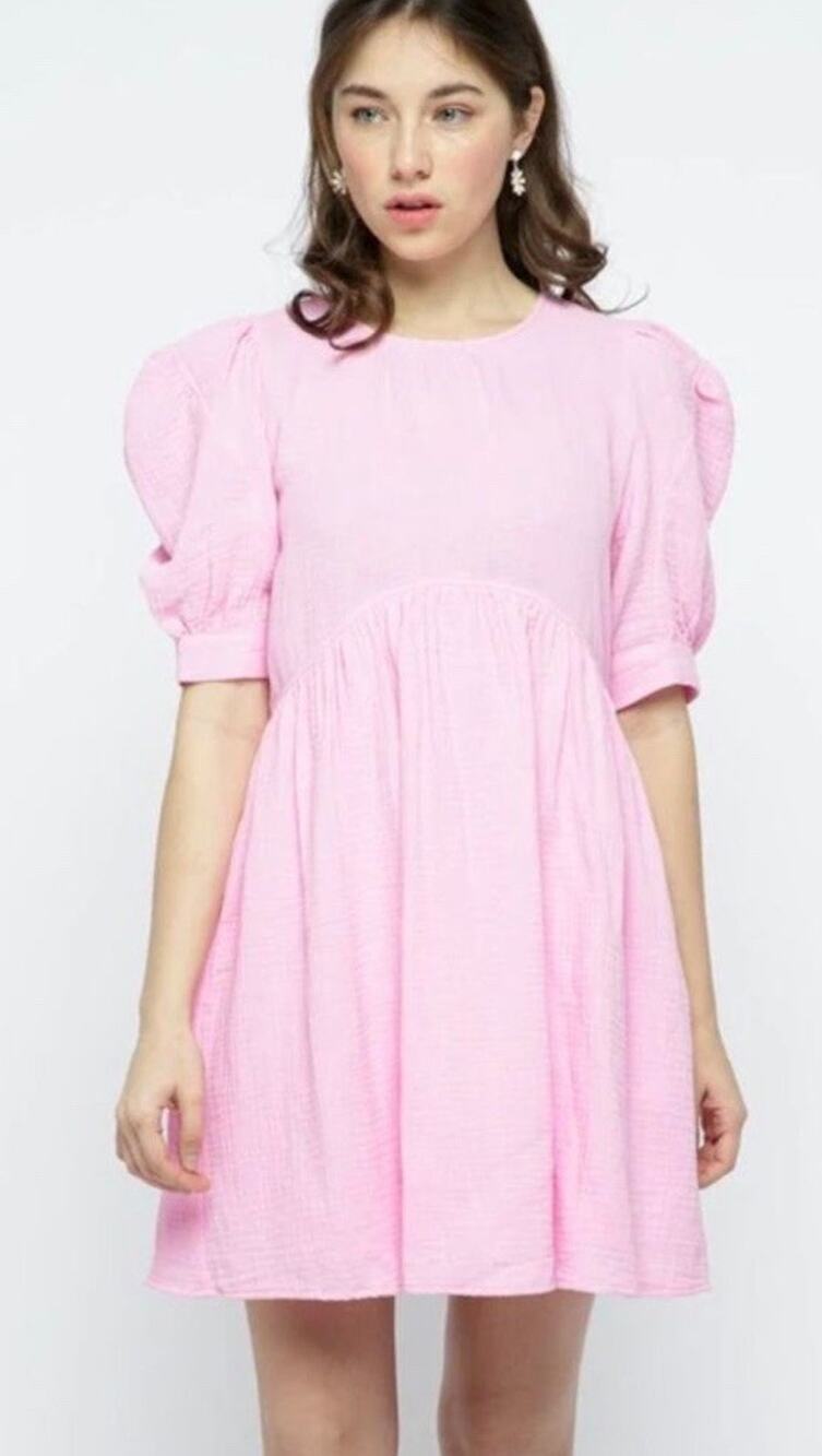&Merci Pink Puff Sleeve Mini Dress Cotton Blend Babydoll Size Medium - Picture 1 of 5